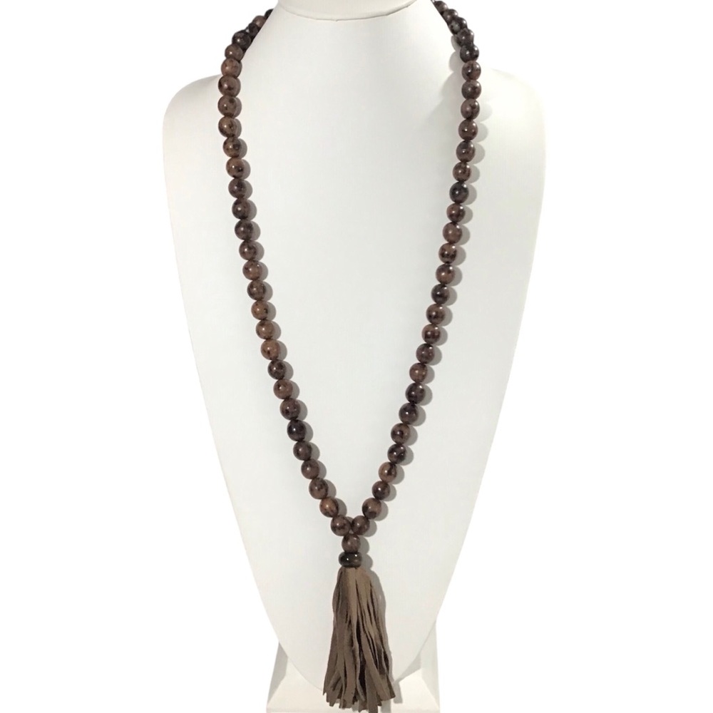 Wooden Beaded Necklace Leather Tassel Brown Fashion Costume Jewelry